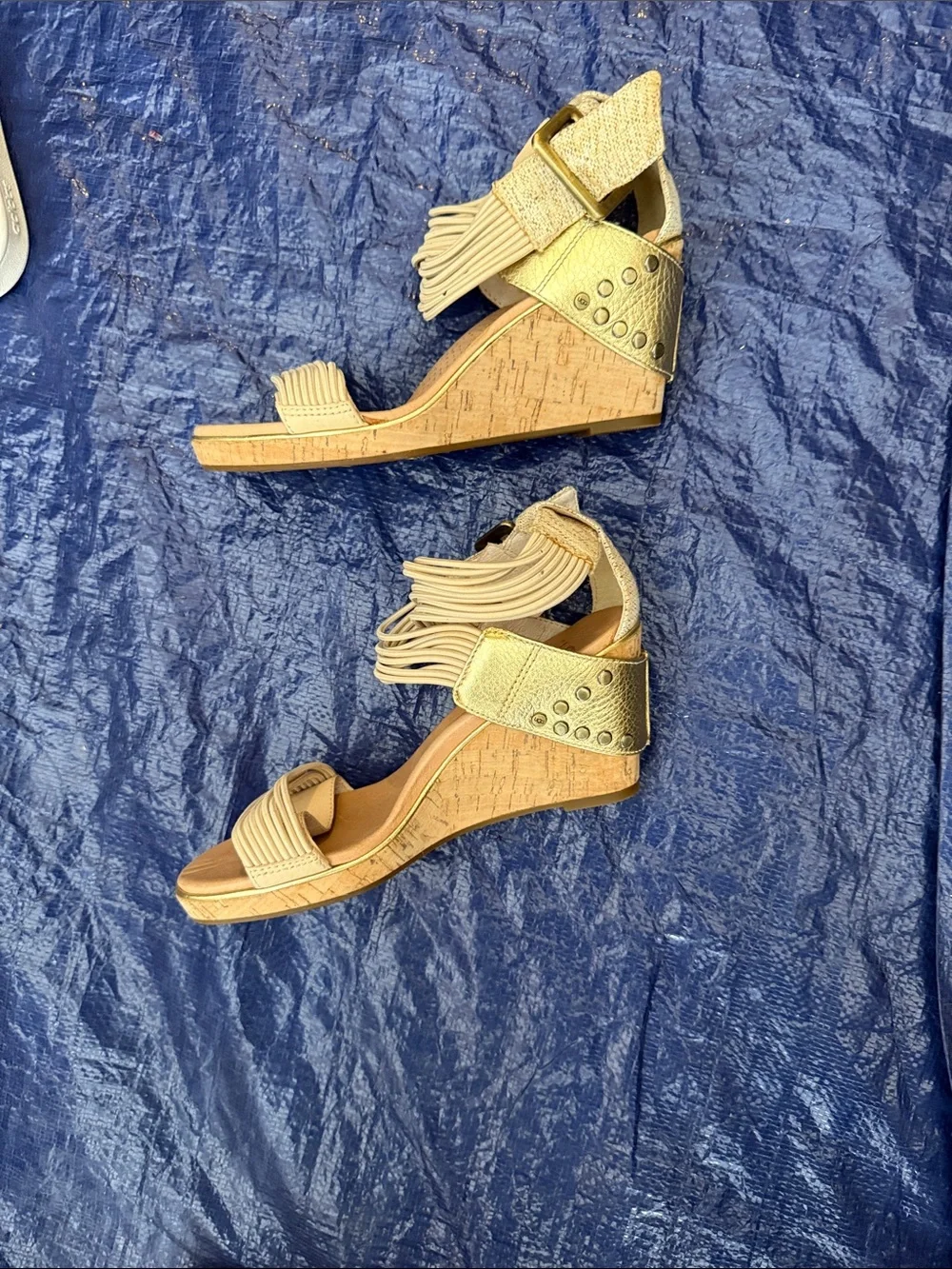 UGG Beige Cork Wedge Sandals with Metallic Ankle Cuff